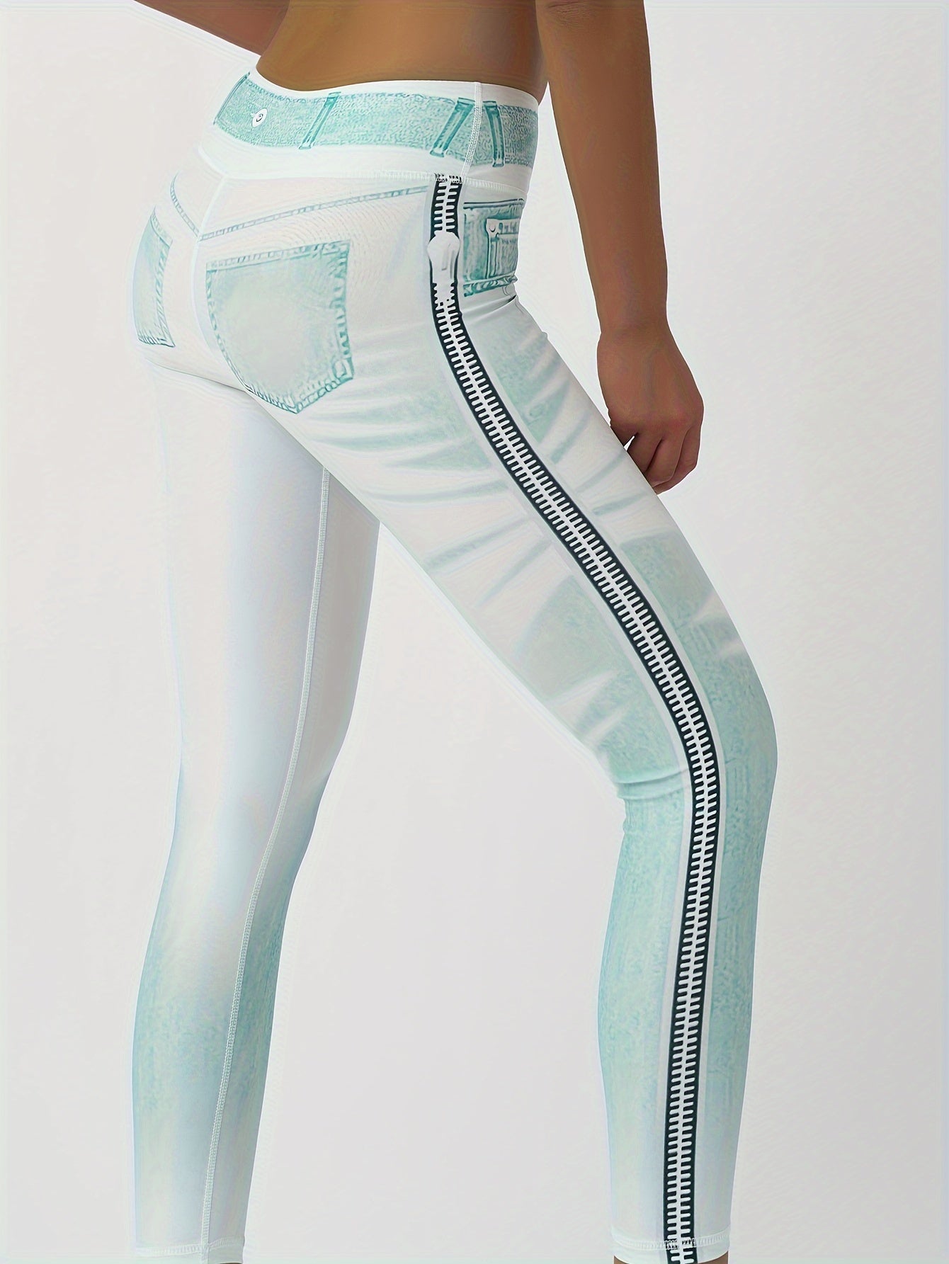 Women'S High-Waisted Denim Print Yoga Pants, 90% Polyester 10% Elastane, Skinny Fit, Long Length, All-Season Sports Leggings with Elastic Waist, Knit Fabric, 220g/m², for Running & Fitness